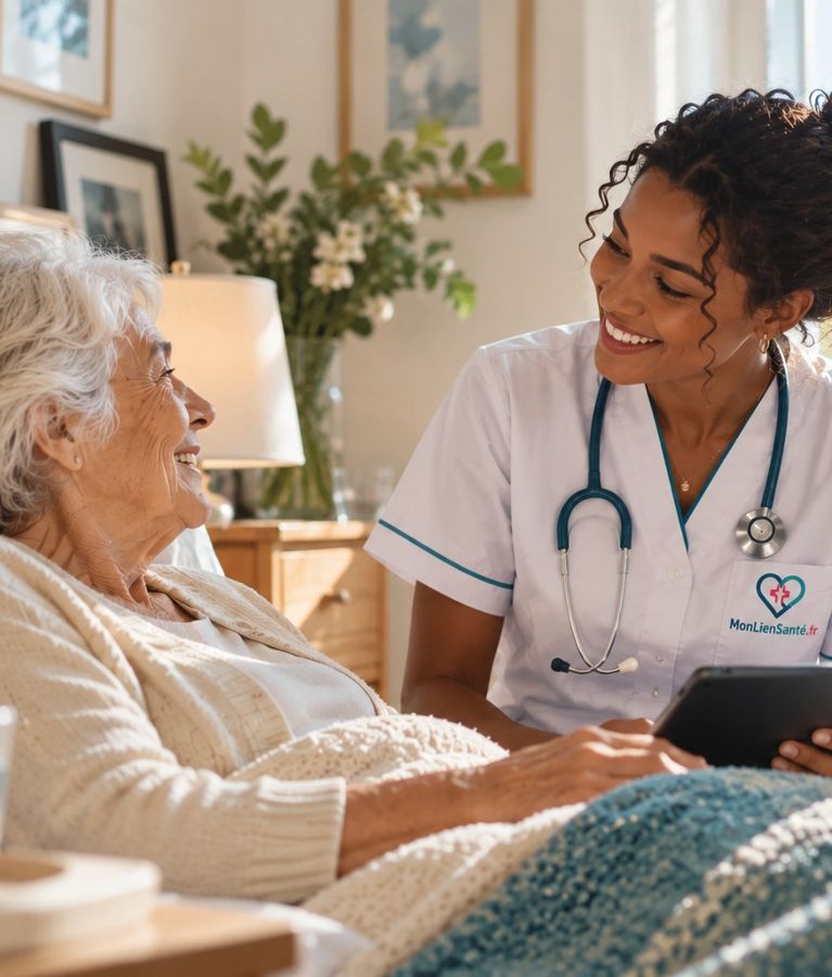 Une infirmière échange avec une patiente à son domicile, une tablette à la main.